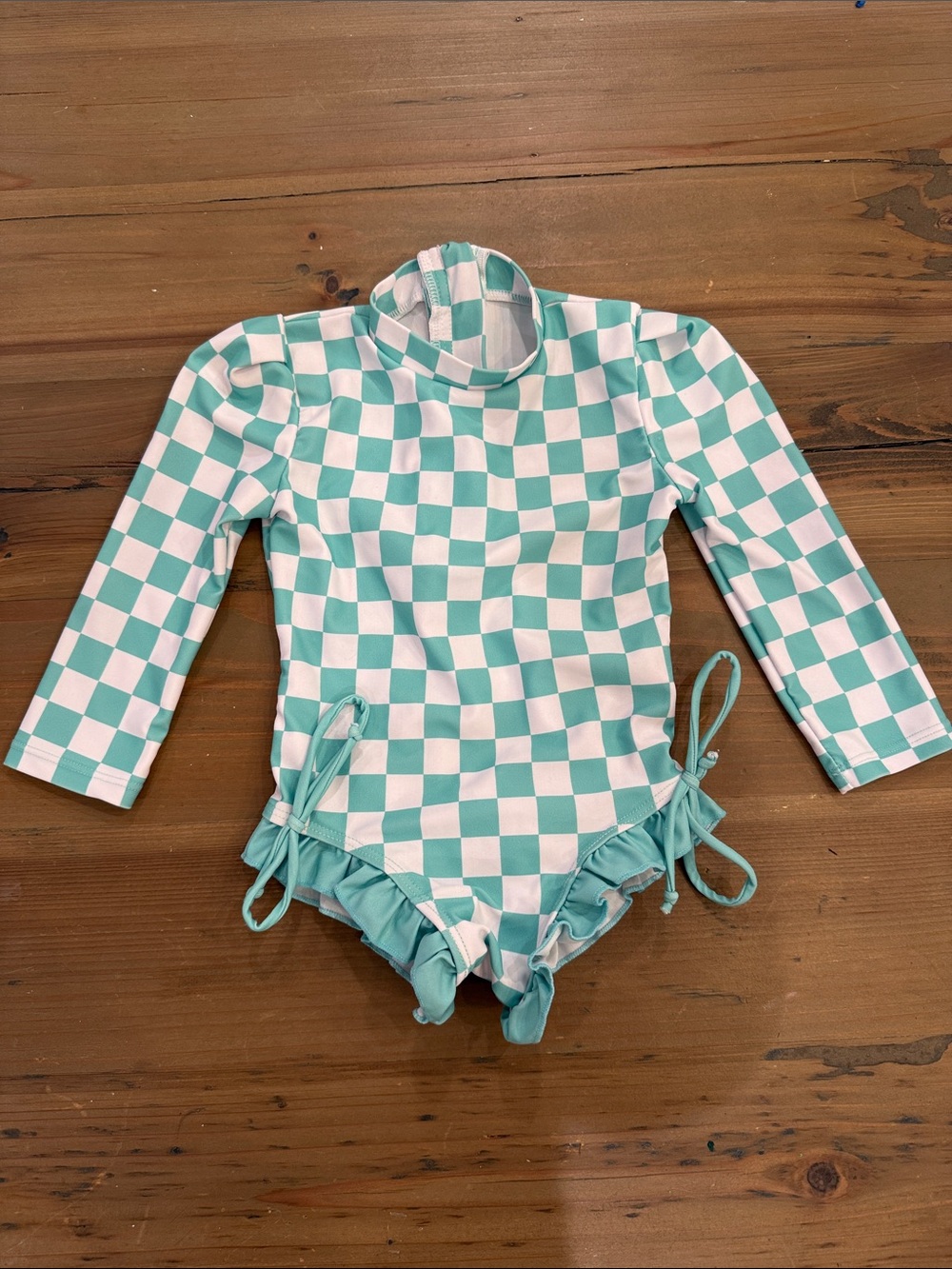 Kids Checkerboard Long-Sleeve One-Piece Swimsuit - Mint/White
